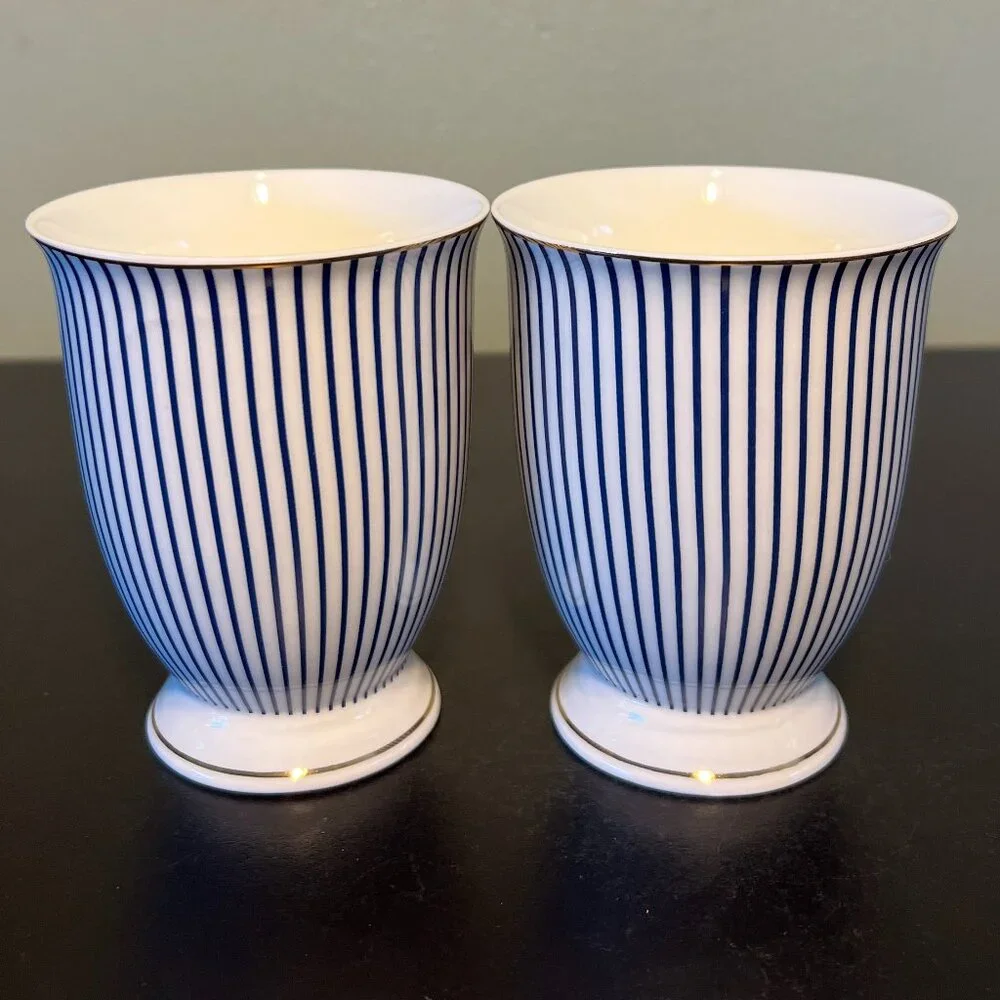 Grace’s Teaware Navy Blue White Pinstripe Gold Footed Coffee Mugs Set of 2
